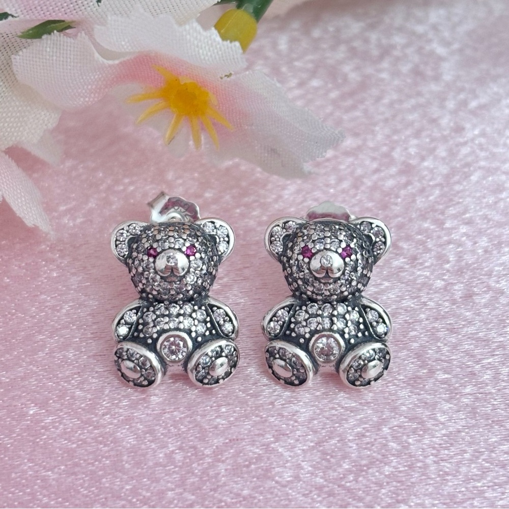 Teddy Bear CZ Sterling Silver Stud Earrings